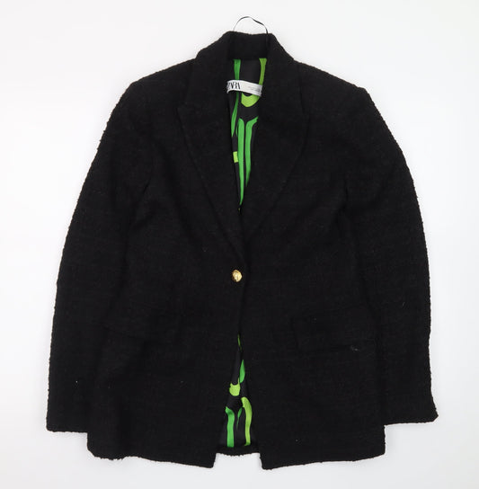Zara Women's Black Wool Blend Tweed Blazer Jacket Size S