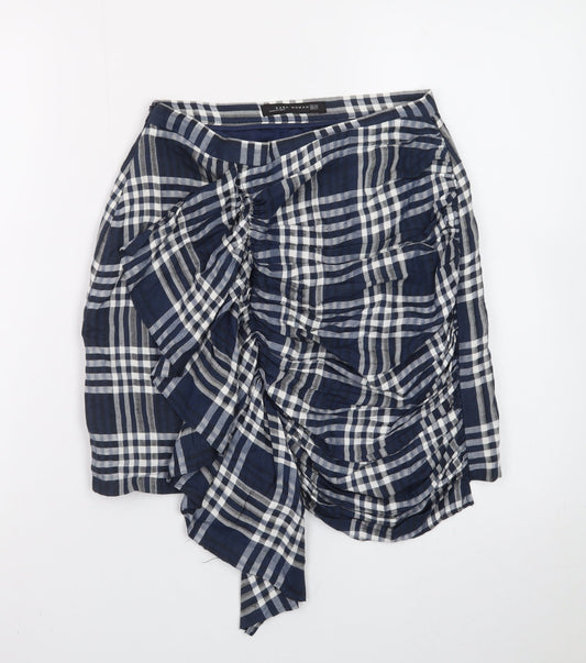Zara Women Blue Check Wrap Short Skirt XS Cotton Preppy Style