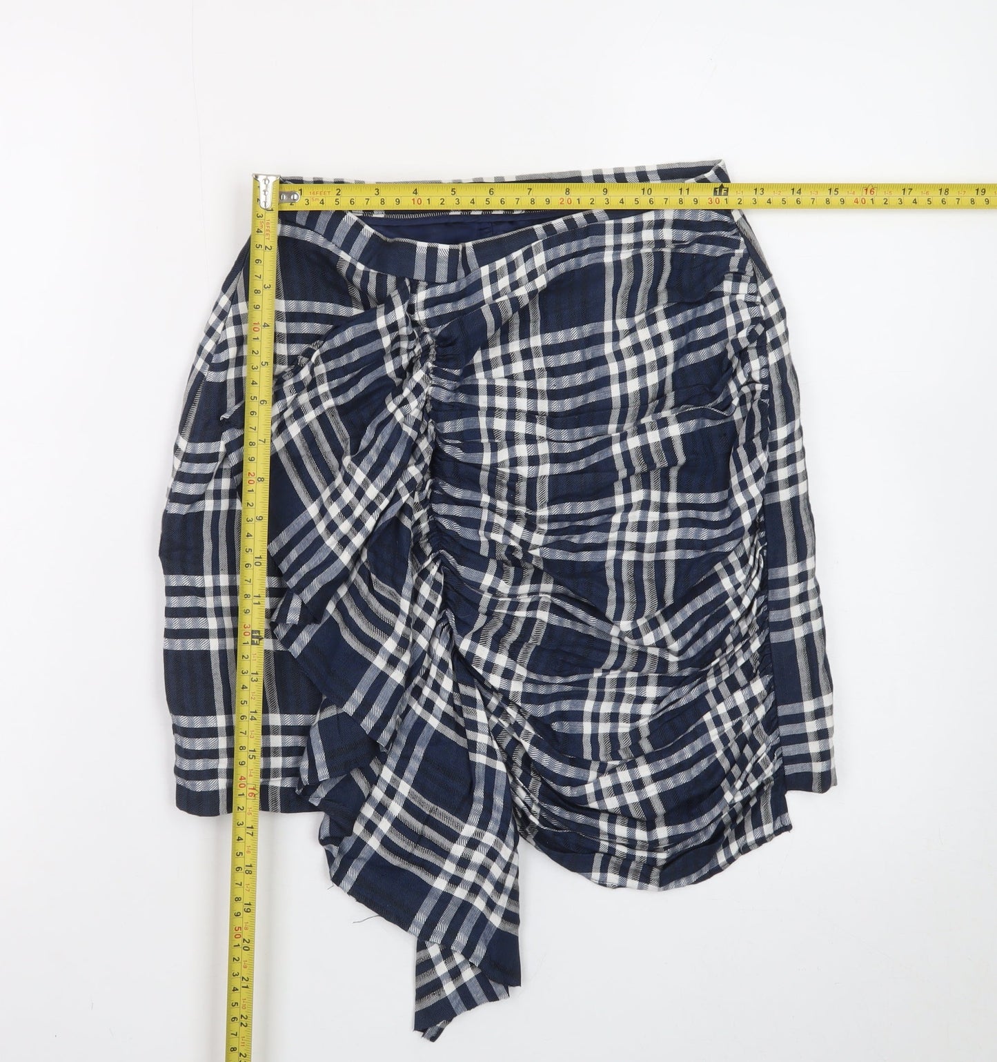 Zara Women Blue Check Wrap Short Skirt XS Cotton Preppy Style
