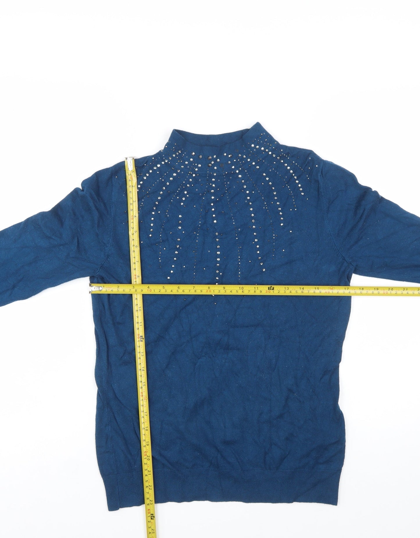 Monsoon Women's Blue Beaded Mock Neck Knit Jumper M