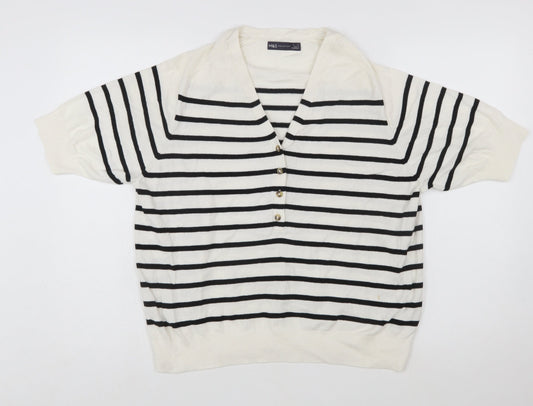 Marks and Spencer Women’s White Striped Henley Knit Jumper Size L