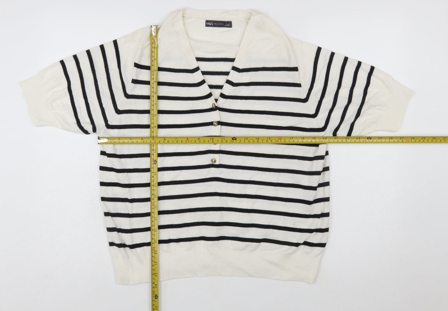 Marks and Spencer Women’s White Striped Henley Knit Jumper Size L