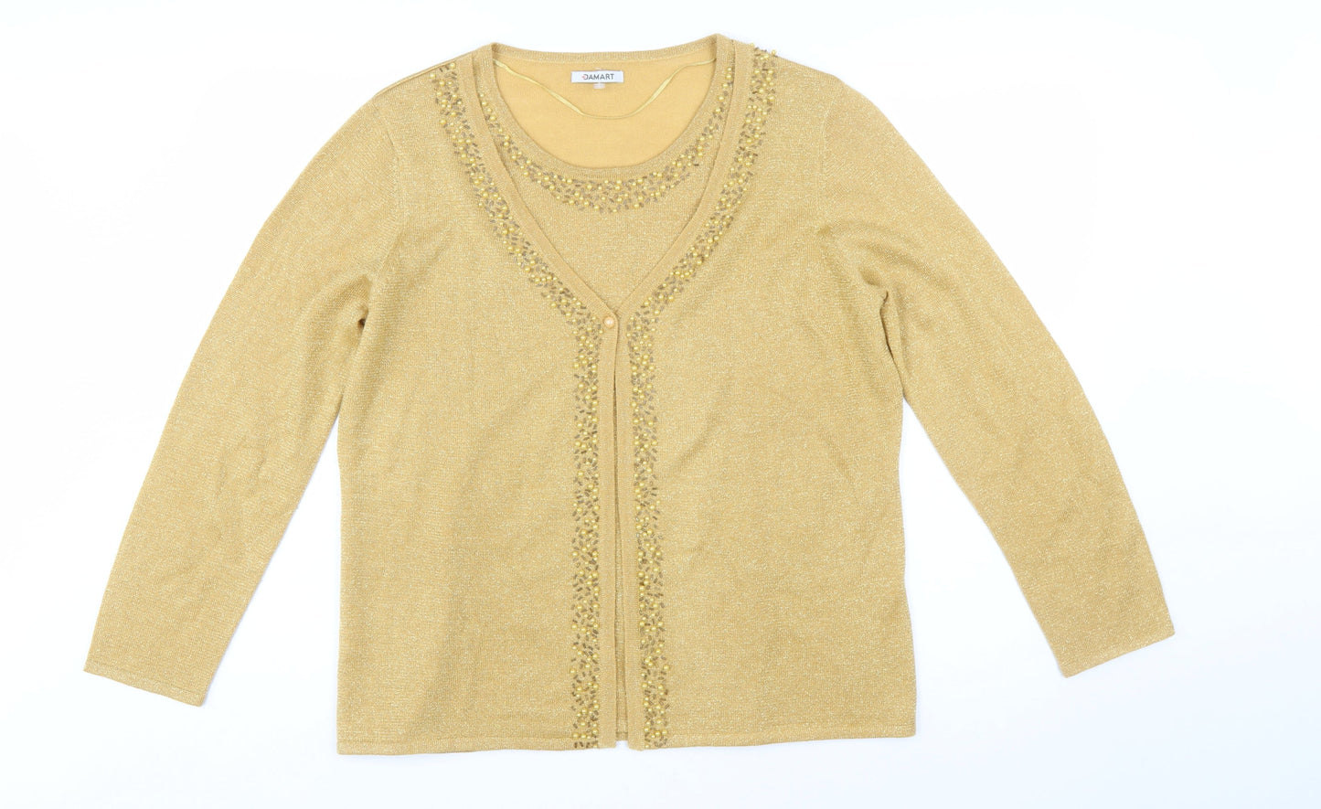 Damart Womens Gold Beaded V-Neck Cardigan Size L 18/20 Knitwear