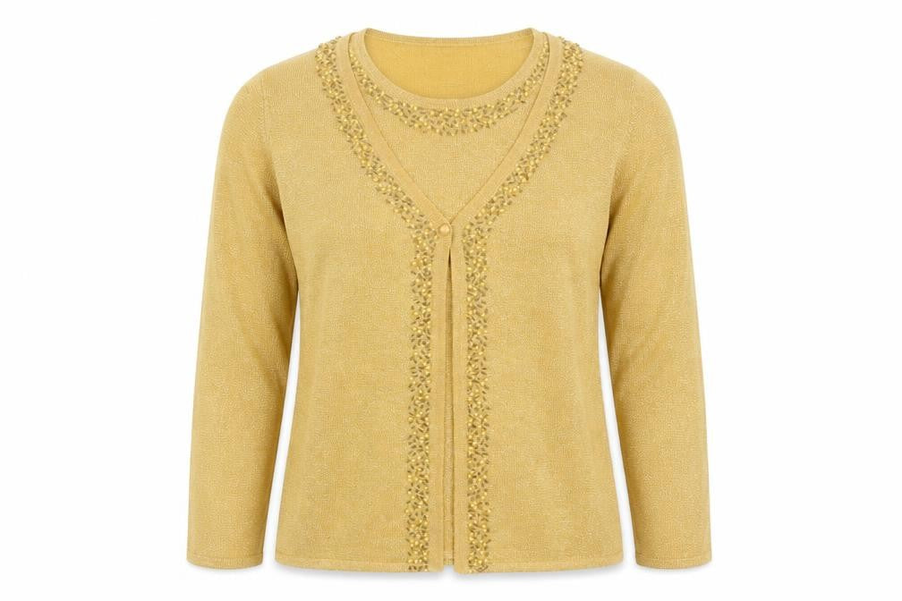 Damart Womens Gold Beaded V-Neck Cardigan Size L 18/20 Knitwear