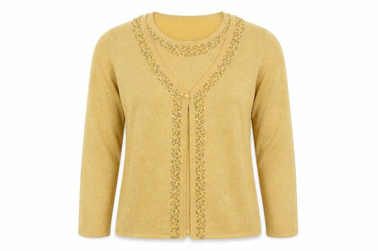 Damart Womens Gold Beaded V-Neck Cardigan Size L 18/20 Knitwear