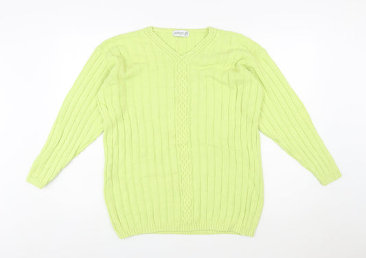 Jumper Women’s Green V-Neck Cable-Knit Cotton Pullover L