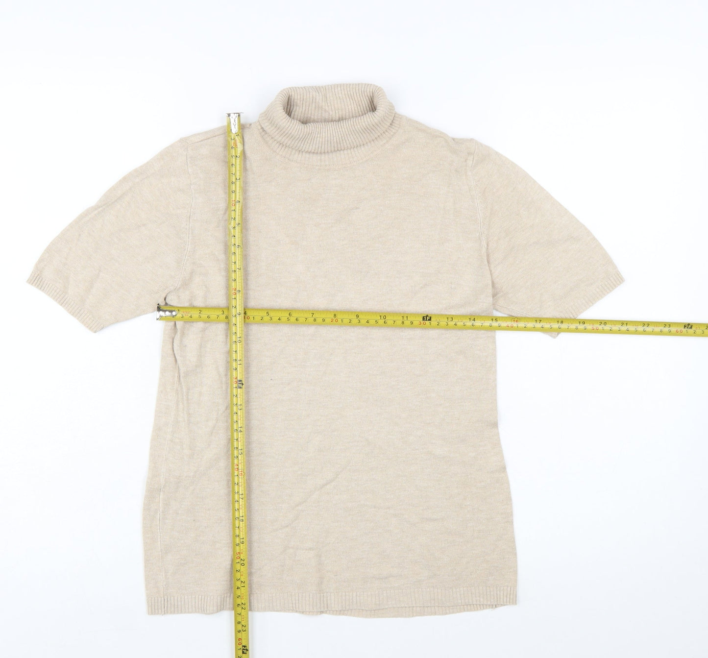 MNG Women Beige Roll Neck Short Sleeve Wool Blend Jumper Size 12