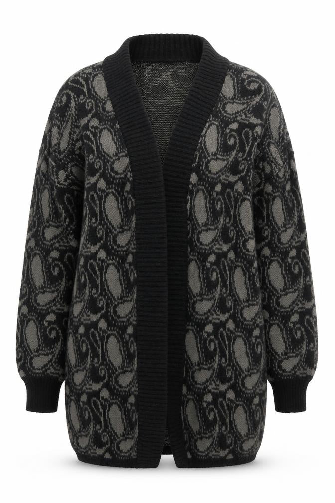 Yessica Women Black Grey Paisley Knit Long Sleeve Cardigan One Size