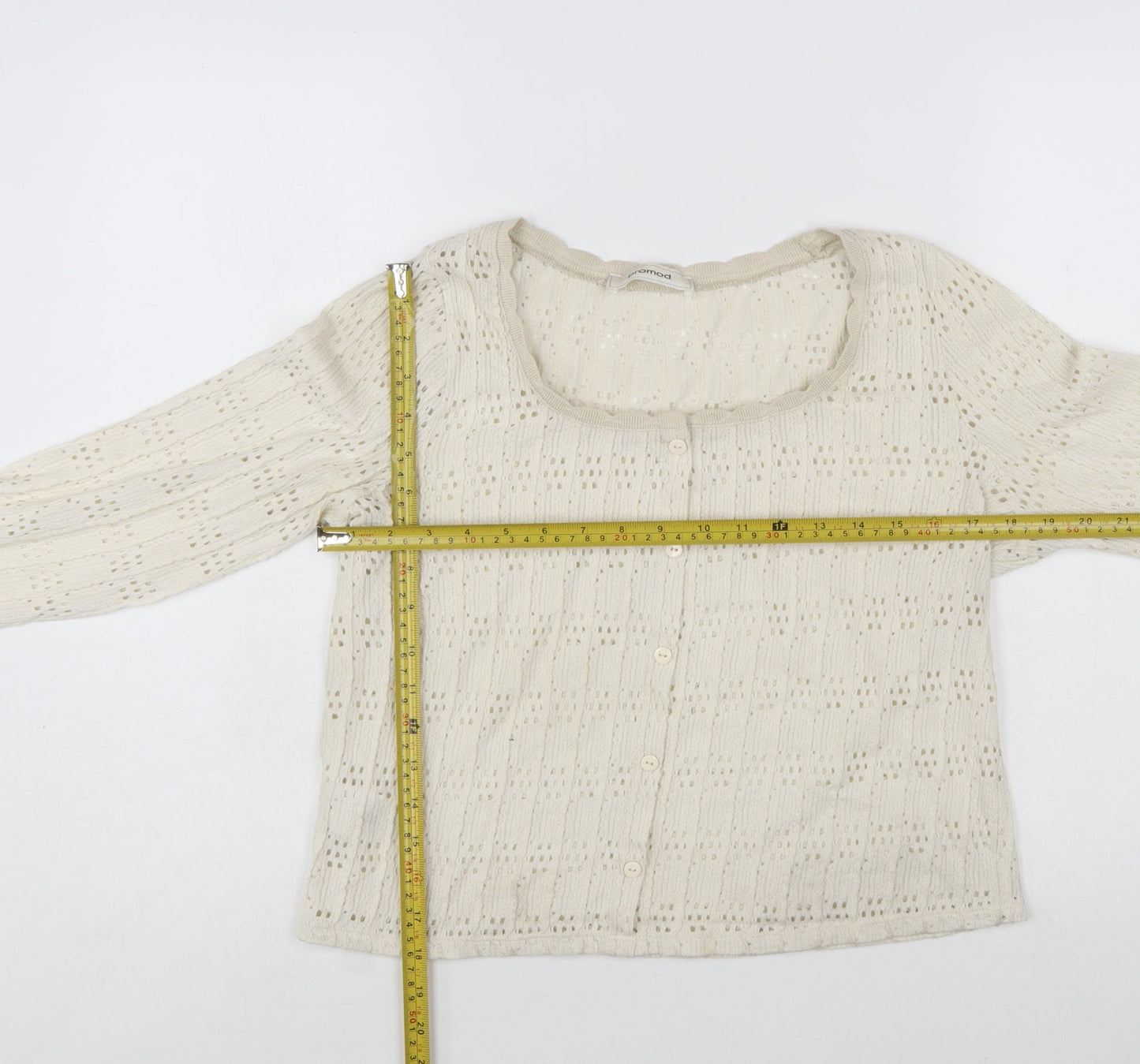 Promod Women Ivory Knit Cardigan L Cotton Blend Open Knit