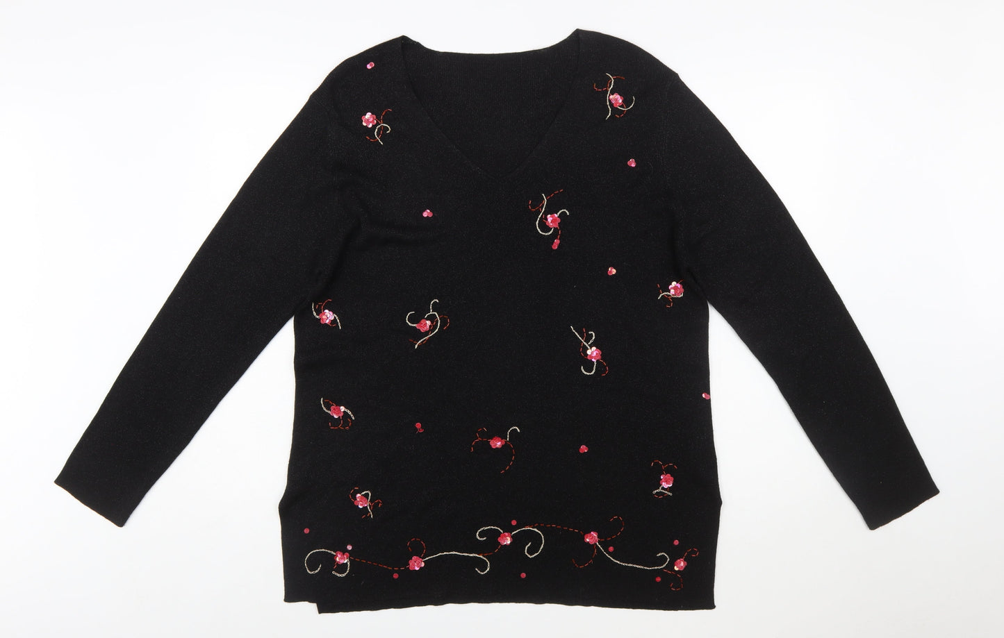 Marks and Spencer Women Black Floral Embroidered V-Neck Jumper Size 20