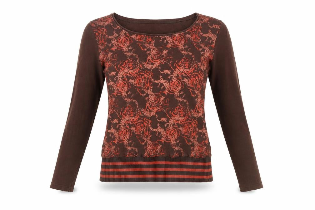 RESERVED Womens Brown Floral Long Sleeve Jersey Top Size 10