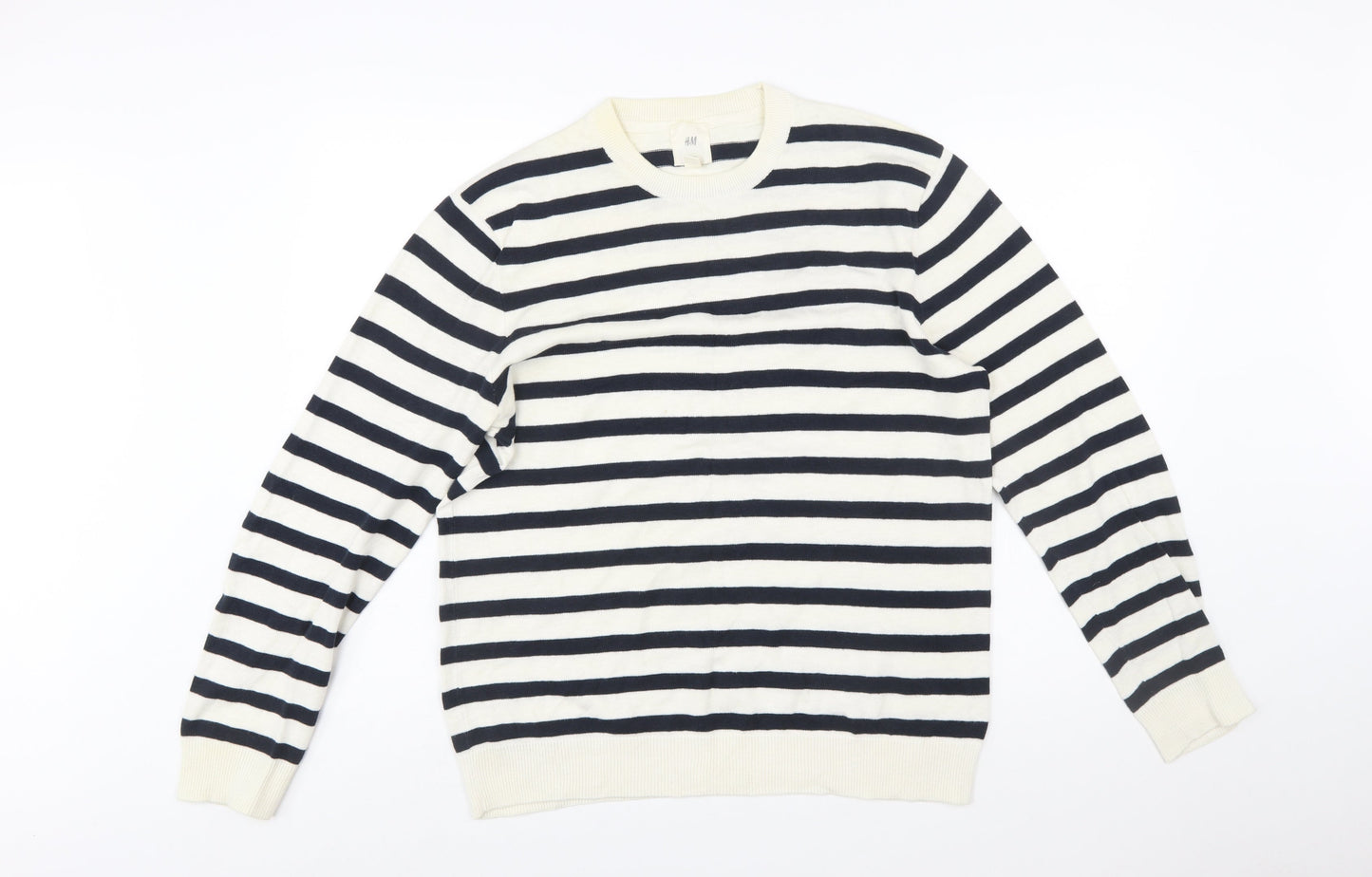 H&M Women’s Navy White Striped Cotton Crew Neck Jumper M