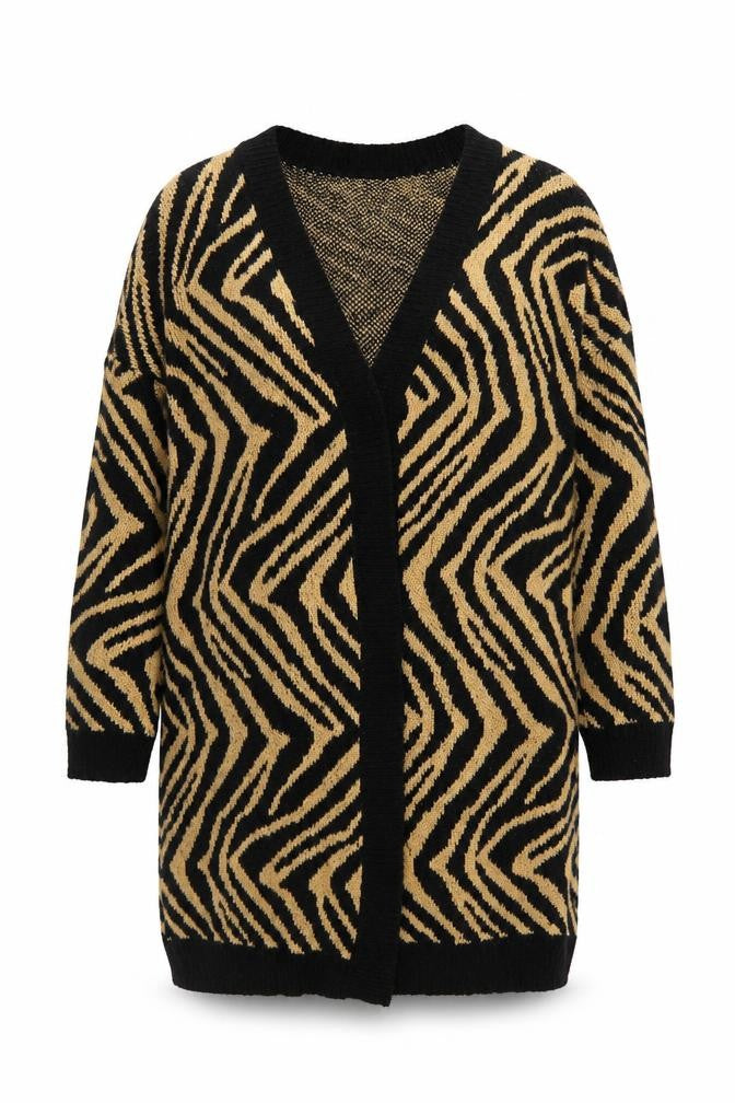 Wild Flower Women's Beige Black Animal Print Open Knit Cardigan S/M