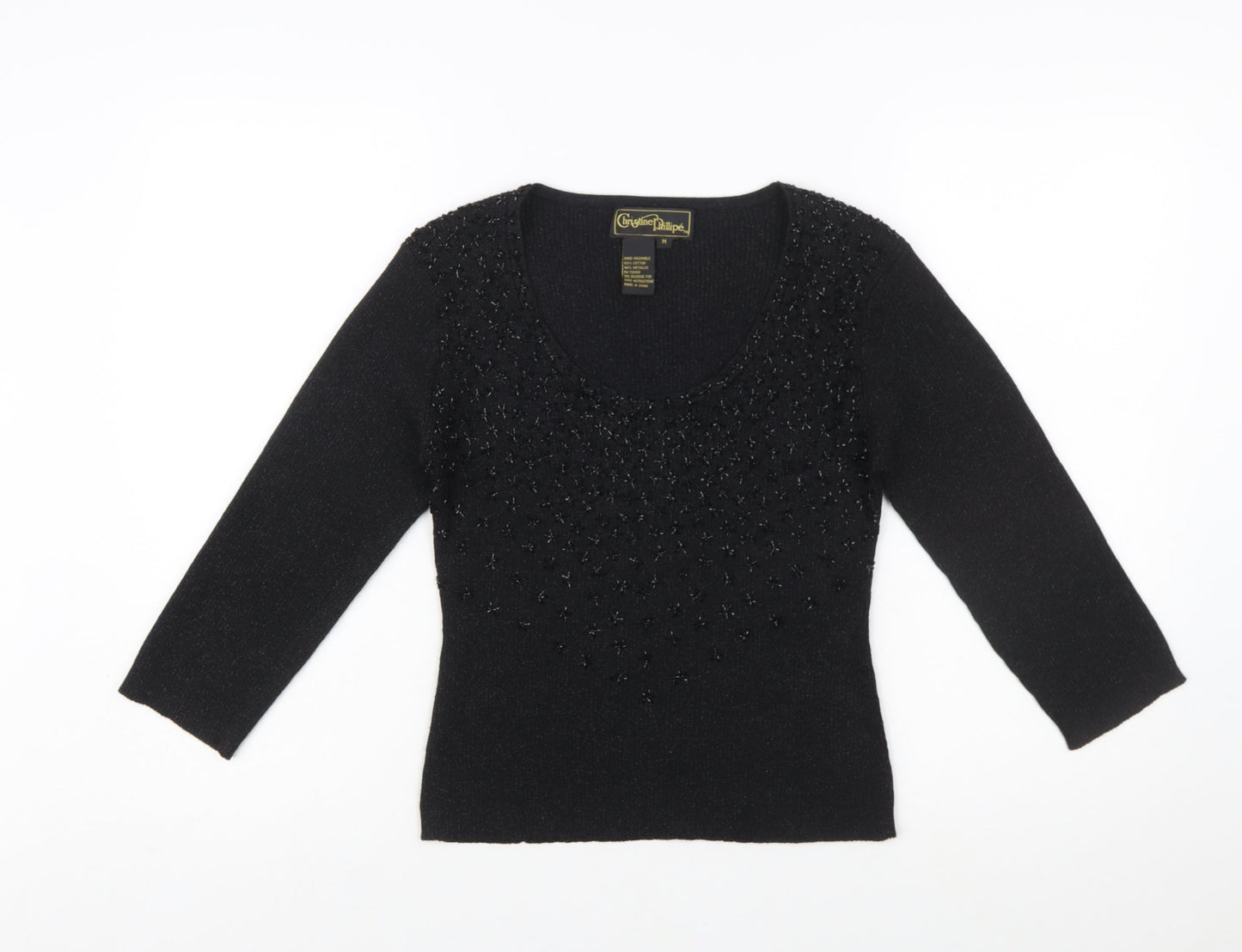 Christine Phillipe Womens Black Beaded Knit Jumper Size M Scoop Neck
