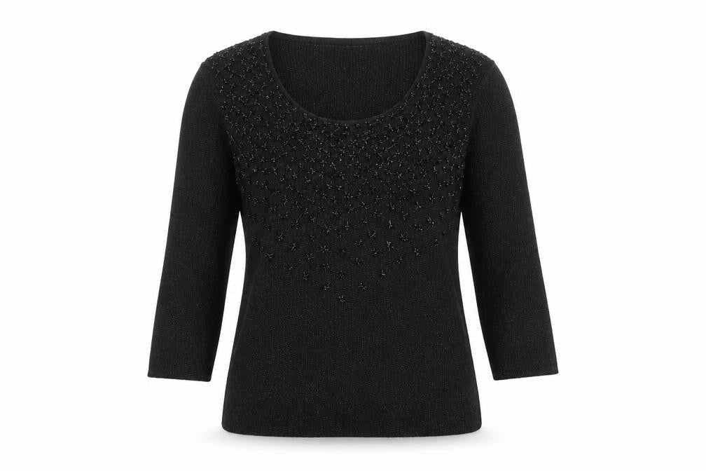 Christine Phillipe Womens Black Beaded Knit Jumper Size M Scoop Neck