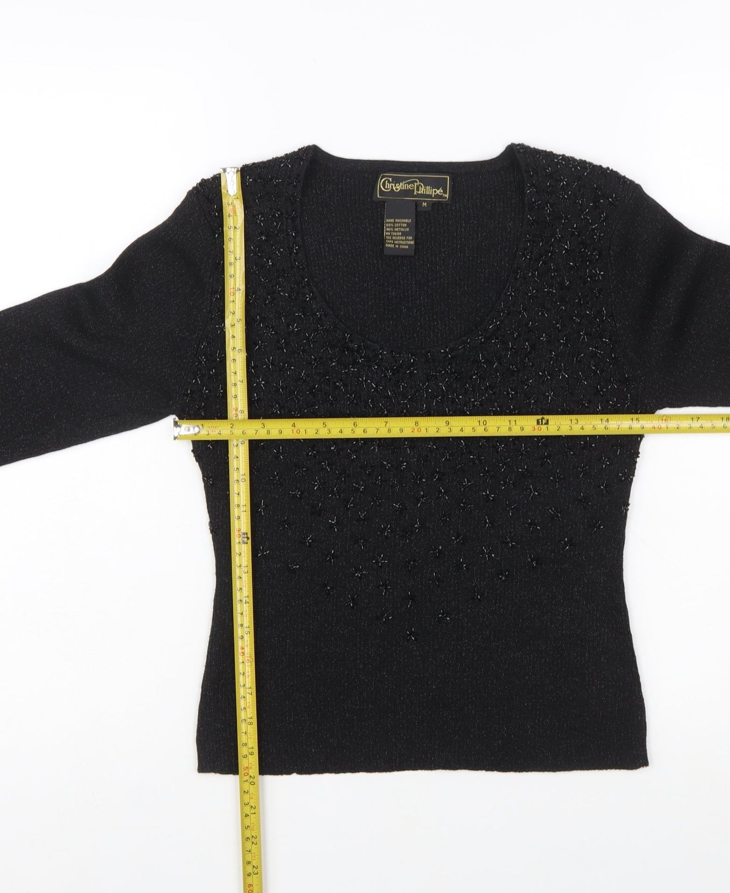 Christine Phillipe Womens Black Beaded Knit Jumper Size M Scoop Neck