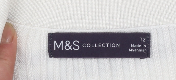 Marks and Spencer Women’s White Striped Collared Short Sleeve Knit Jumper Size 12