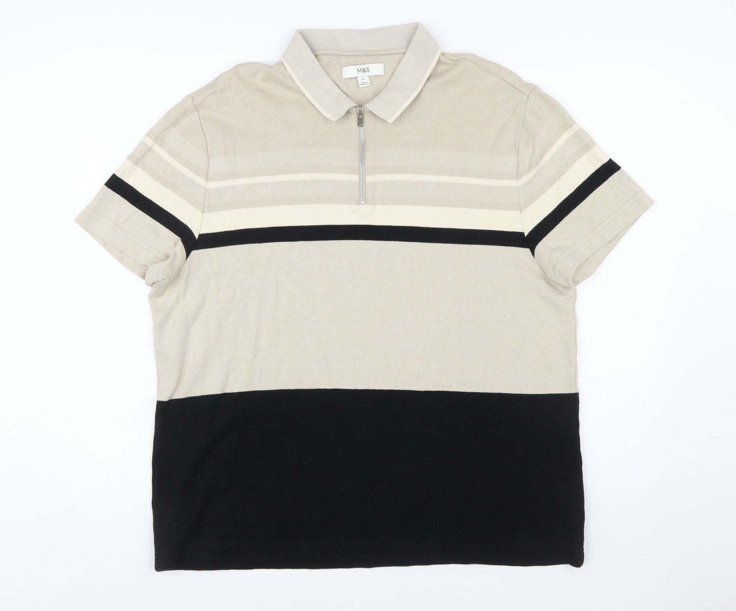 Marks and Spencer Men’s Beige Striped Cotton Polo Shirt XL Regular Fit Zip Neck