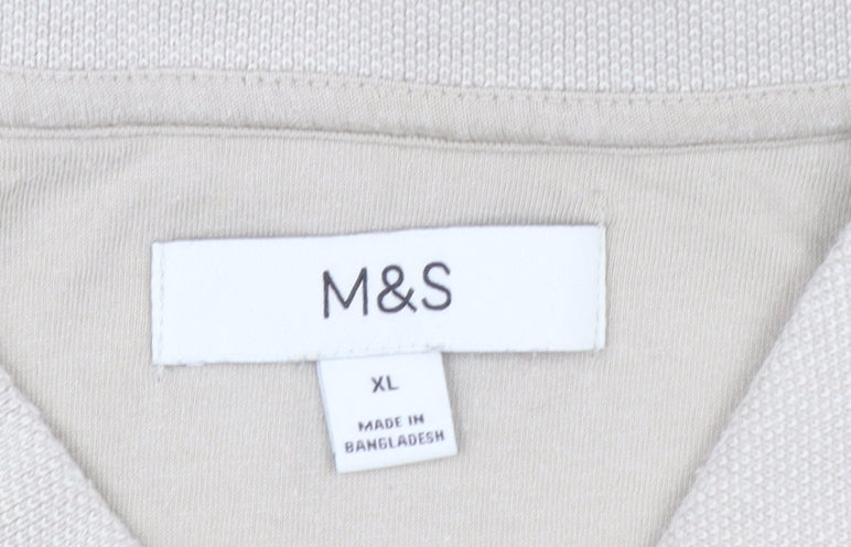 Marks and Spencer Men’s Beige Striped Cotton Polo Shirt XL Regular Fit Zip Neck