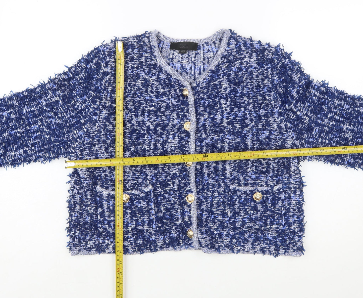 ZARA Women Blue Bouclé Cropped Suit Jacket Size L Classic Gold Buttons