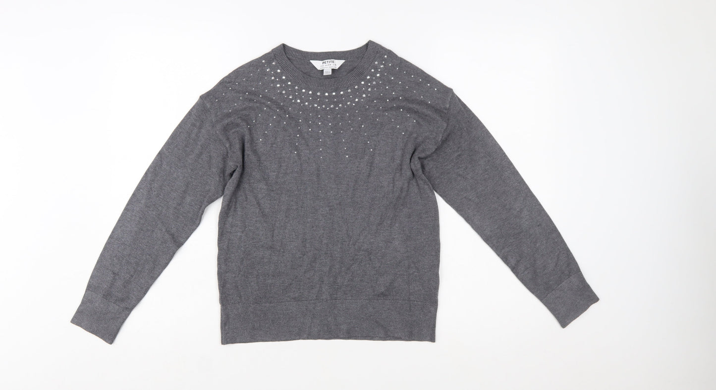 Dorothy Perkins Women’s Grey Petite Rhinestone Crew Neck Jumper Size 6