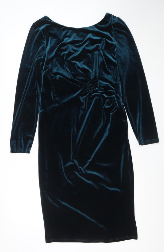 Monsoon Women’s Blue Velvet Bodycon Dress Size 14 Long Sleeve