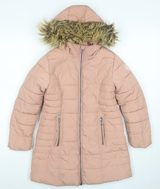 Next Boys Pink Hooded Long Puffer Coat 7 Years Faux Fur Trim Winter Jacket