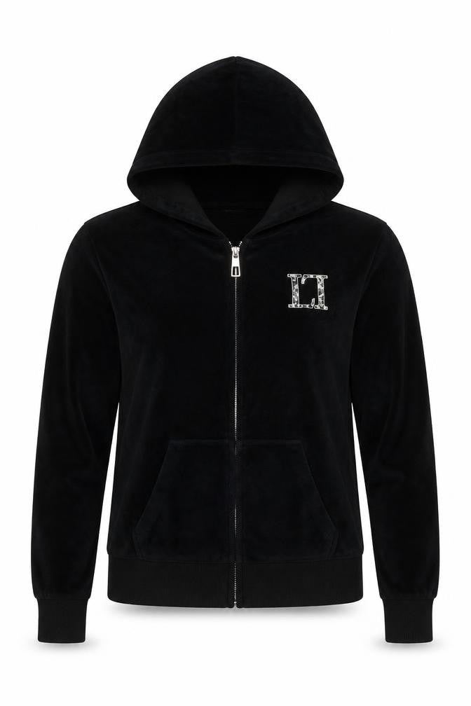 Lipsy Women Black Velour Full Zip Hoodie UK 14 Rhinestone Logo