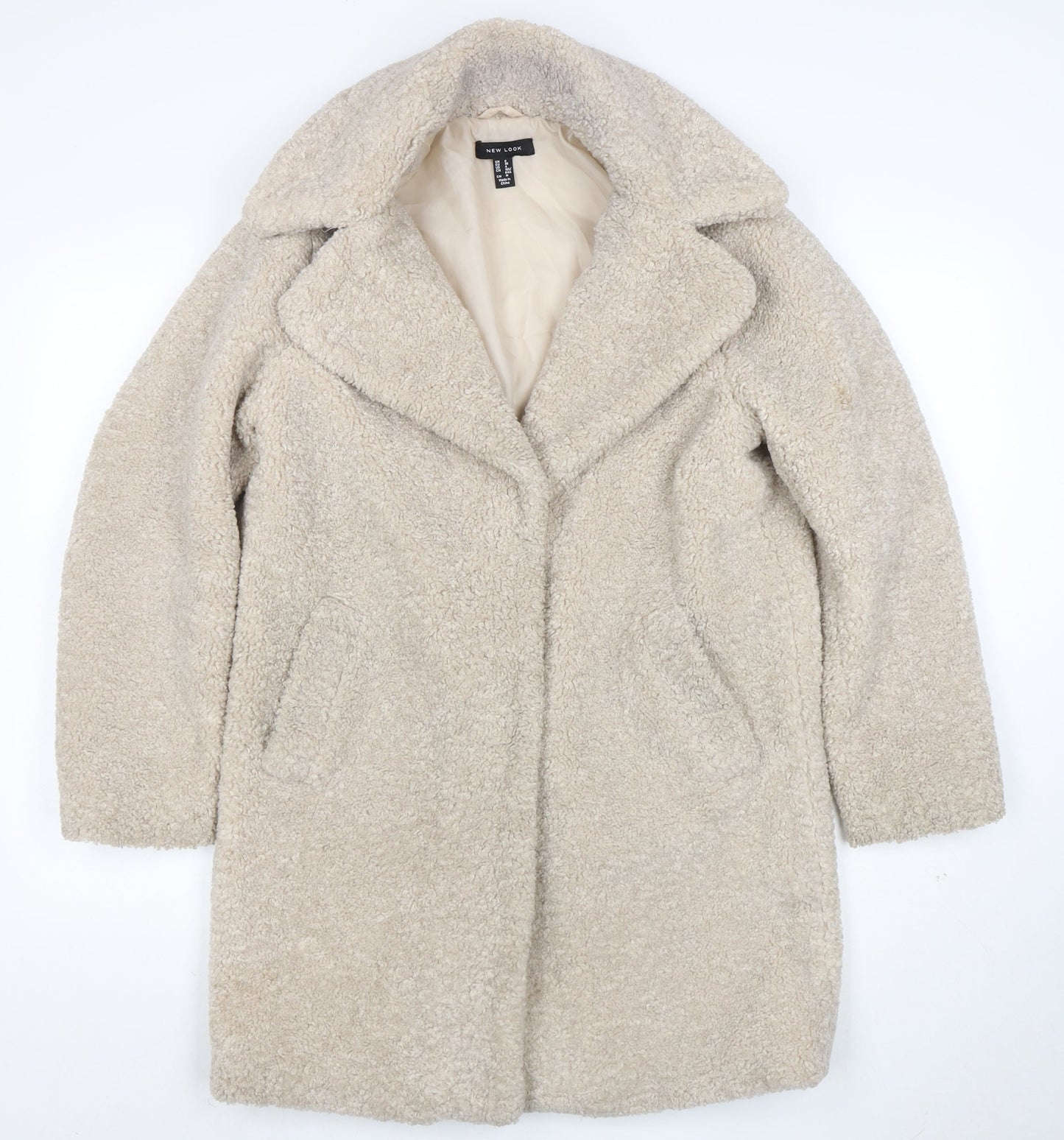 New Look Women’s Beige Teddy Coat UK 8 Mid-Length Fleece Overcoat