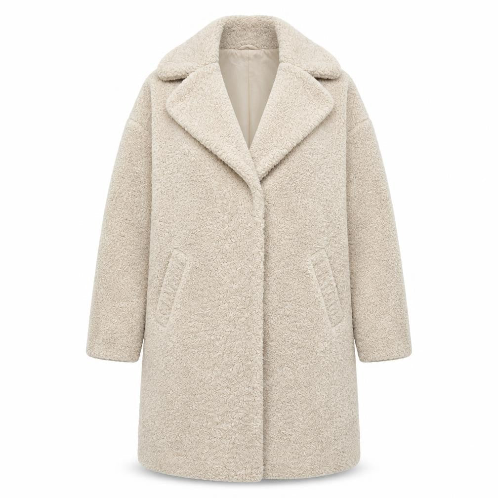 New Look Women’s Beige Teddy Coat UK 8 Mid-Length Fleece Overcoat