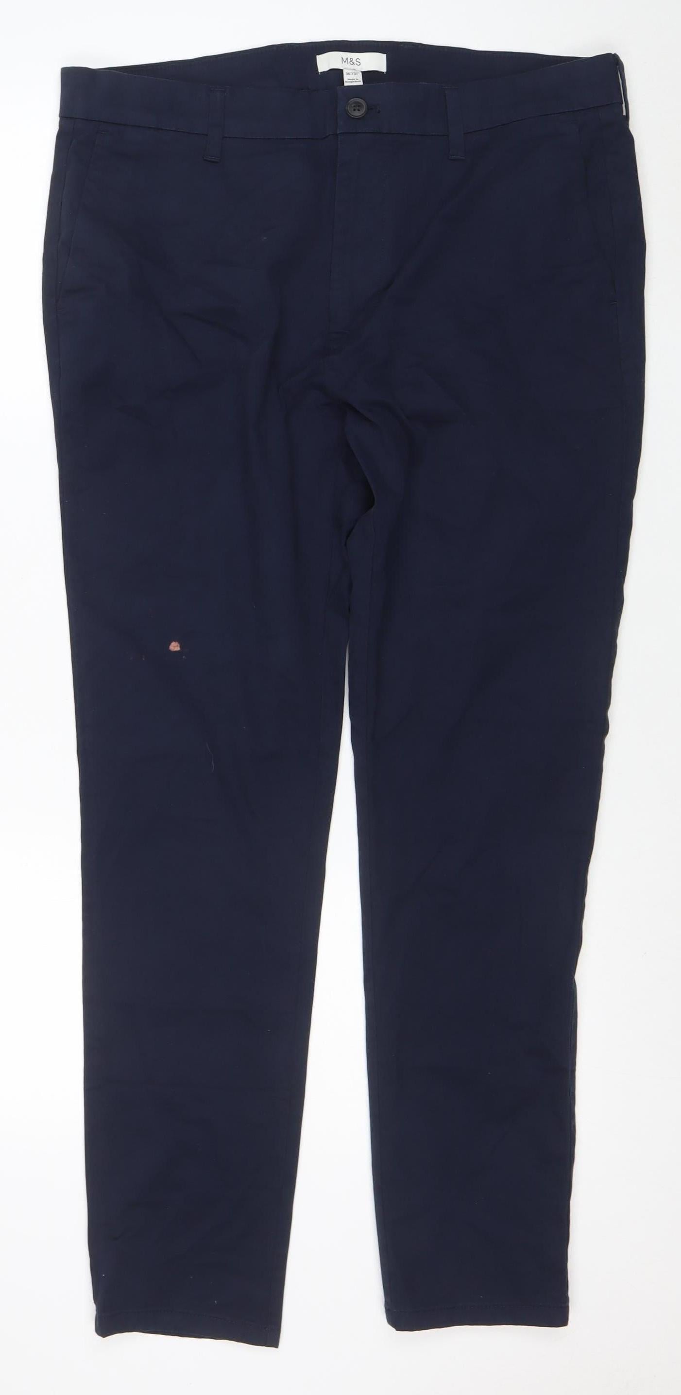 Marks and Spencer Men's Navy Blue Chino Trousers 36W 31L Cotton Blend