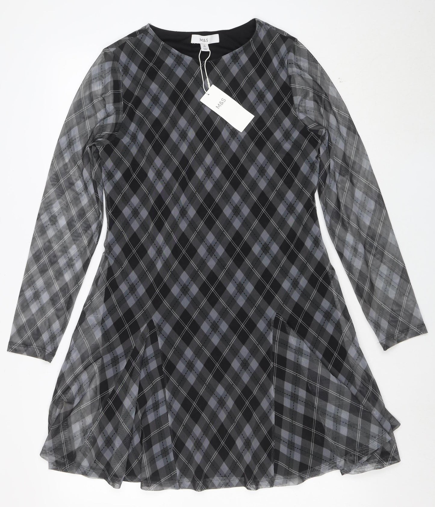 Marks and Spencer Womens Grey Check Shift Dress Size 14 Long Sleeve