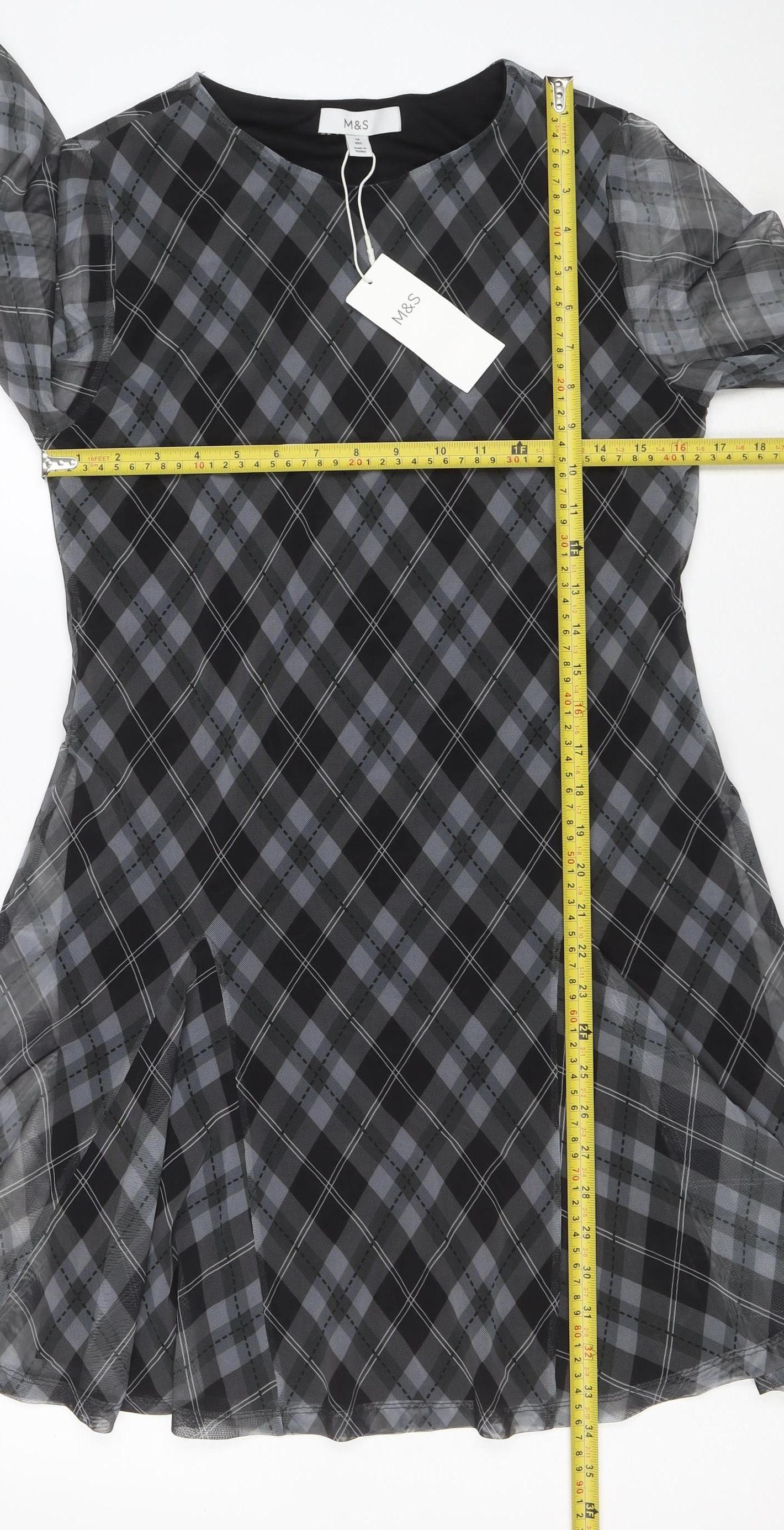Marks and Spencer Womens Grey Check Shift Dress Size 14 Long Sleeve