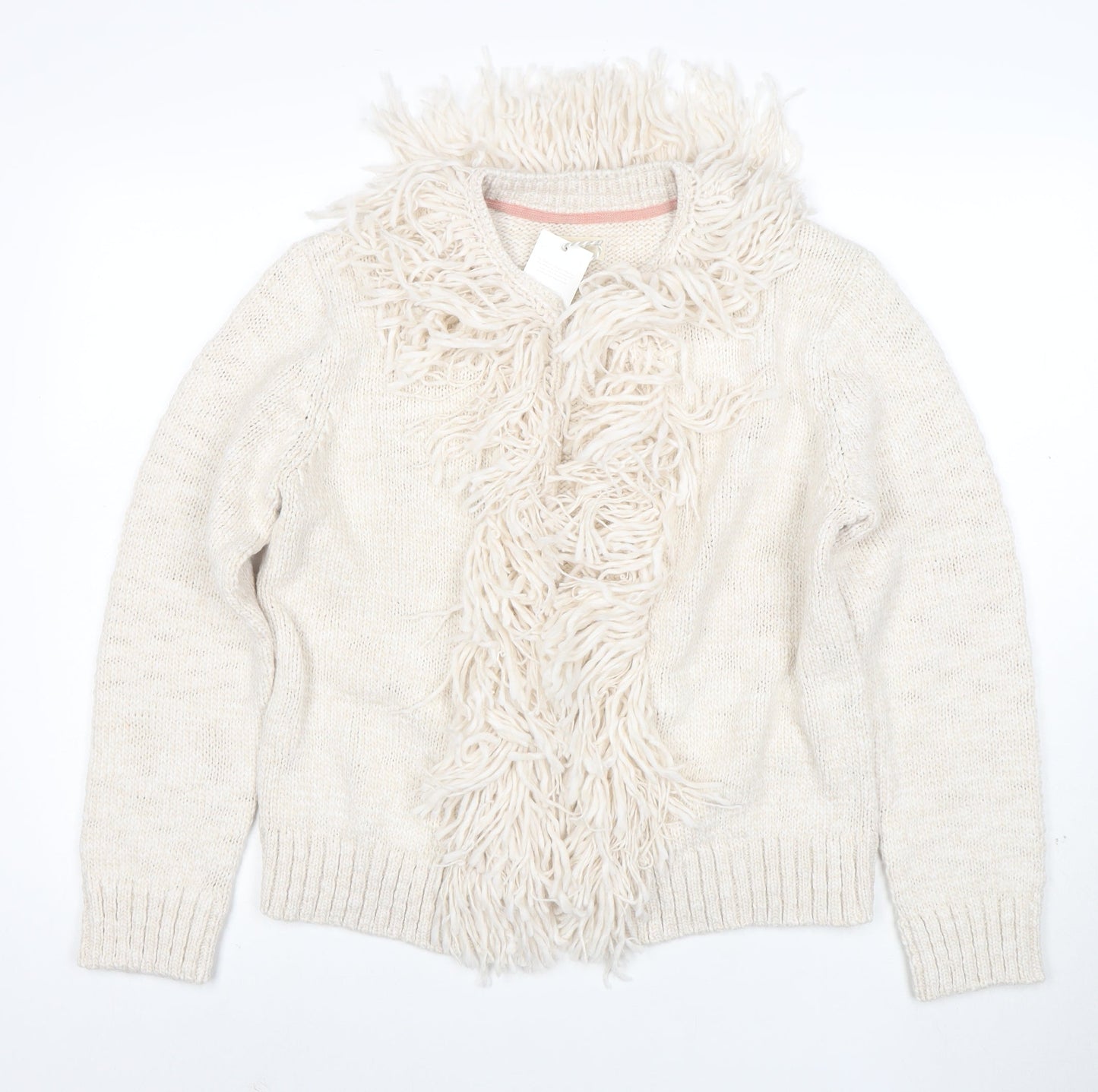 Joules Women Ivory Fringe Cardigan Size 16/18 Wool Blend Knit