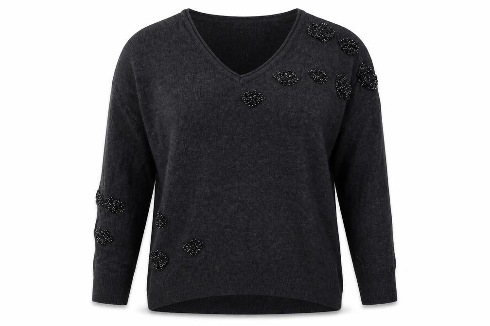 Mint Velvet Women's Grey Beaded V-Neck Pullover Jumper XS