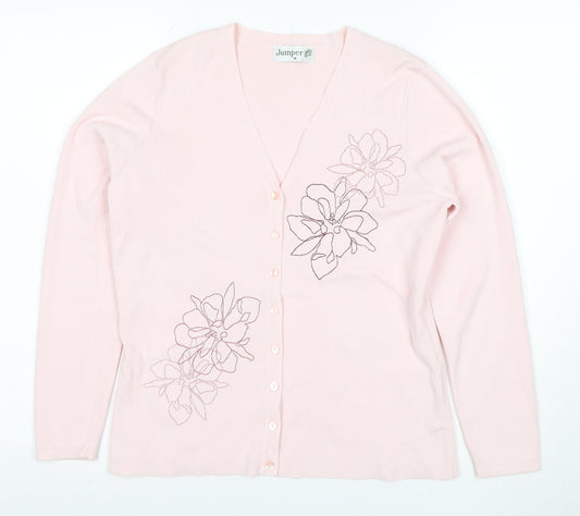 Jumper Women Pink Floral Embroidered V-Neck Cardigan M