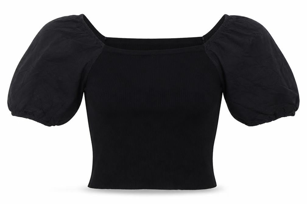 New Look Women's Black Puff Sleeve Cropped Jersey Blouse Size 10