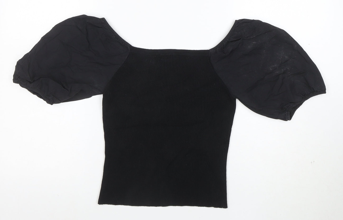 New Look Women's Black Puff Sleeve Cropped Jersey Blouse Size 10