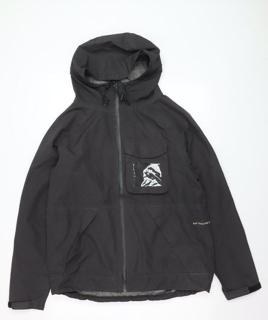 Pop Trading Company Men's Black Hooded Windbreaker Jacket Size M