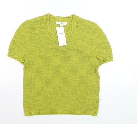 Marks and Spencer Women’s Green V-Neck Cotton Blend Short Sleeve Jumper XS