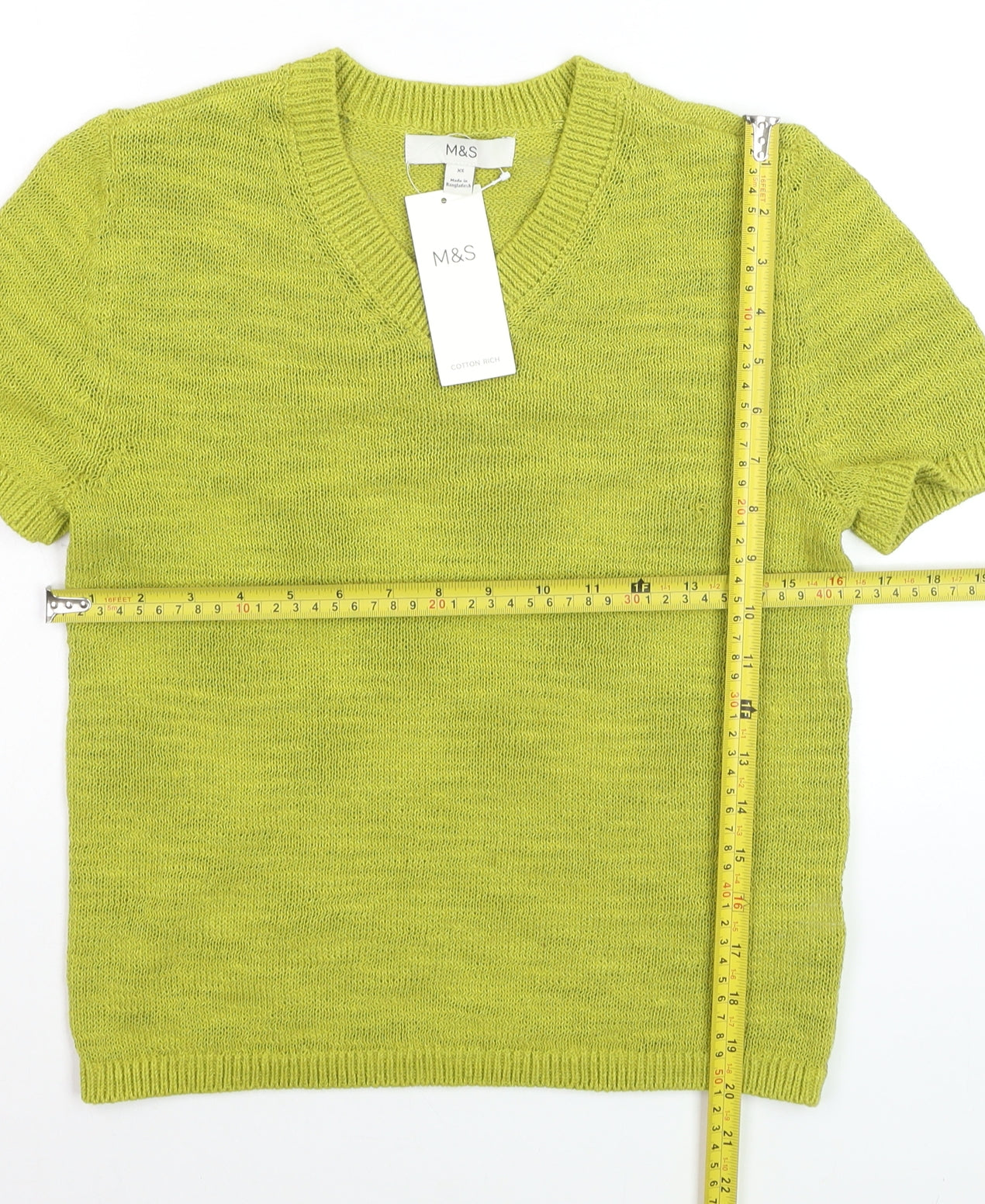 Marks and Spencer Women’s Green V-Neck Cotton Blend Short Sleeve Jumper XS
