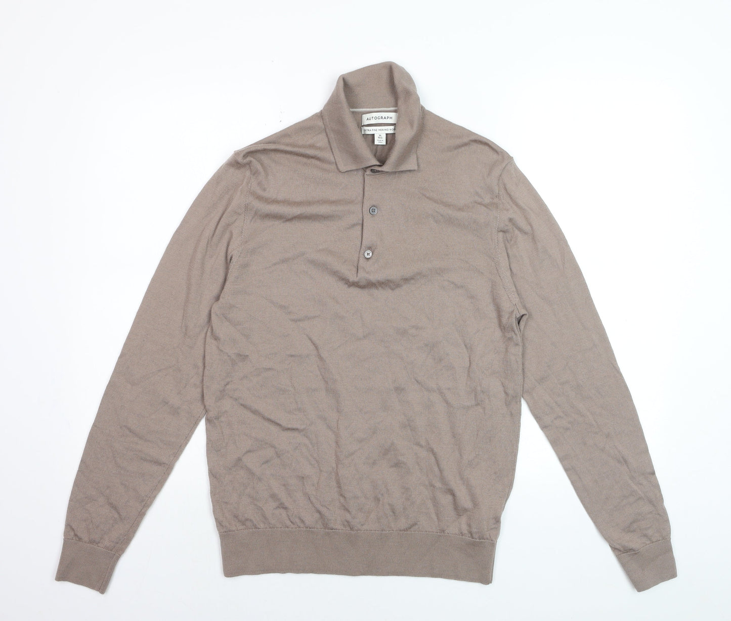 Marks and Spencer Men Beige Merino Wool Collared Henley Jumper M