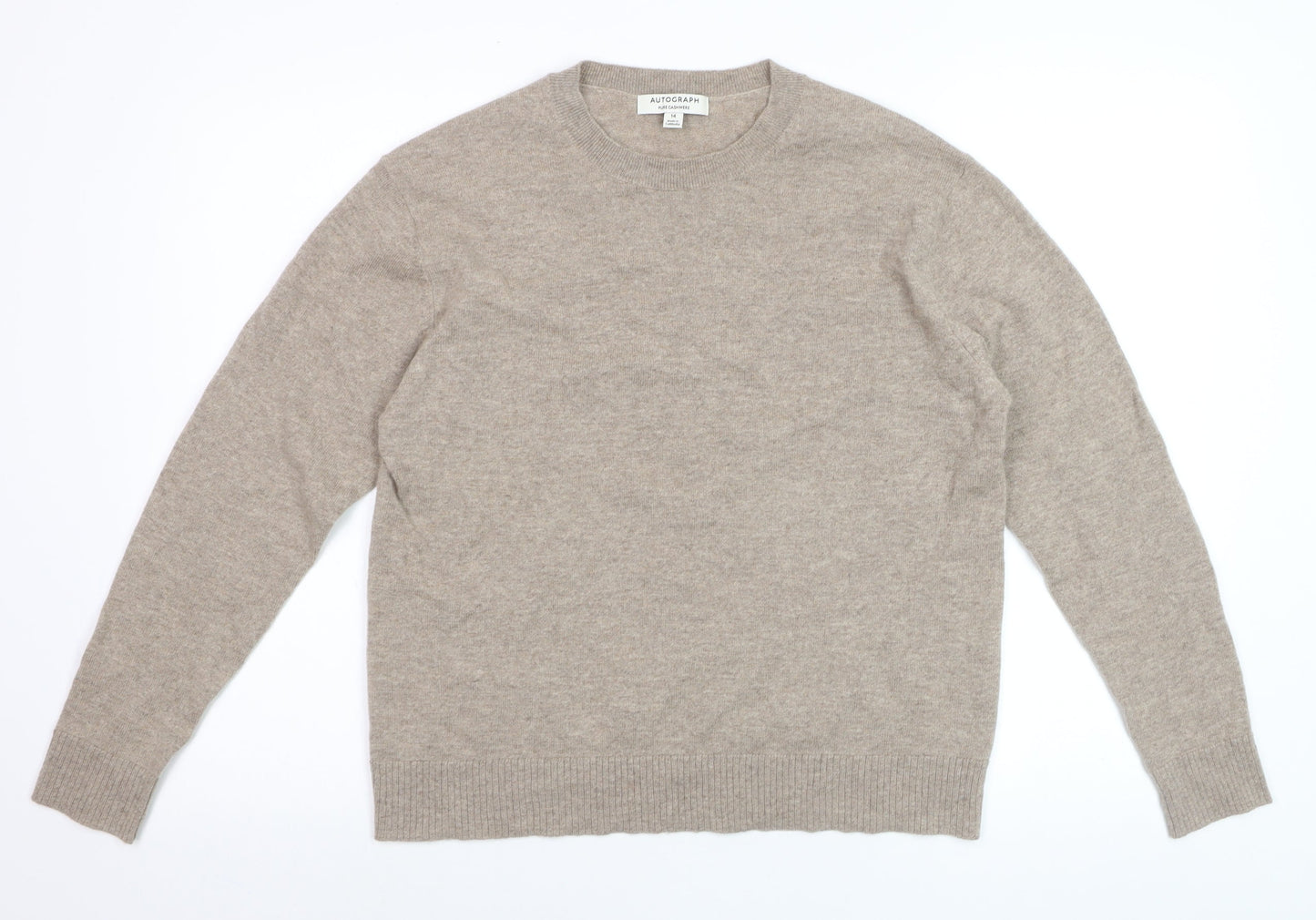 Marks and Spencer Women Beige 14 Pure Cashmere Crew Neck Jumper