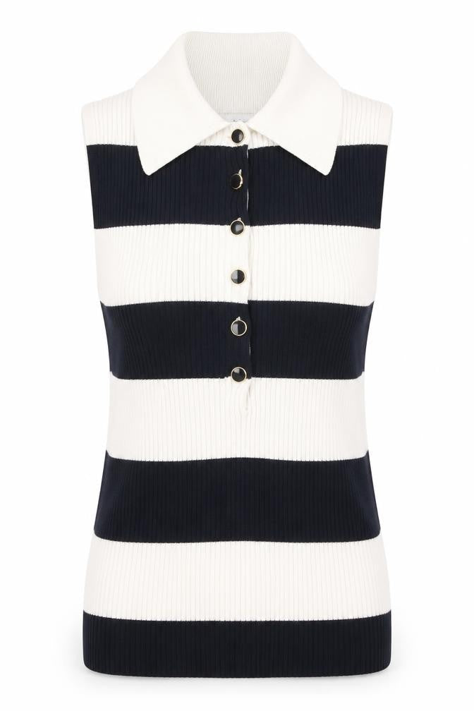Marks & Spencer Womens Black Stripe Sleeveless Henley Jumper Size 10