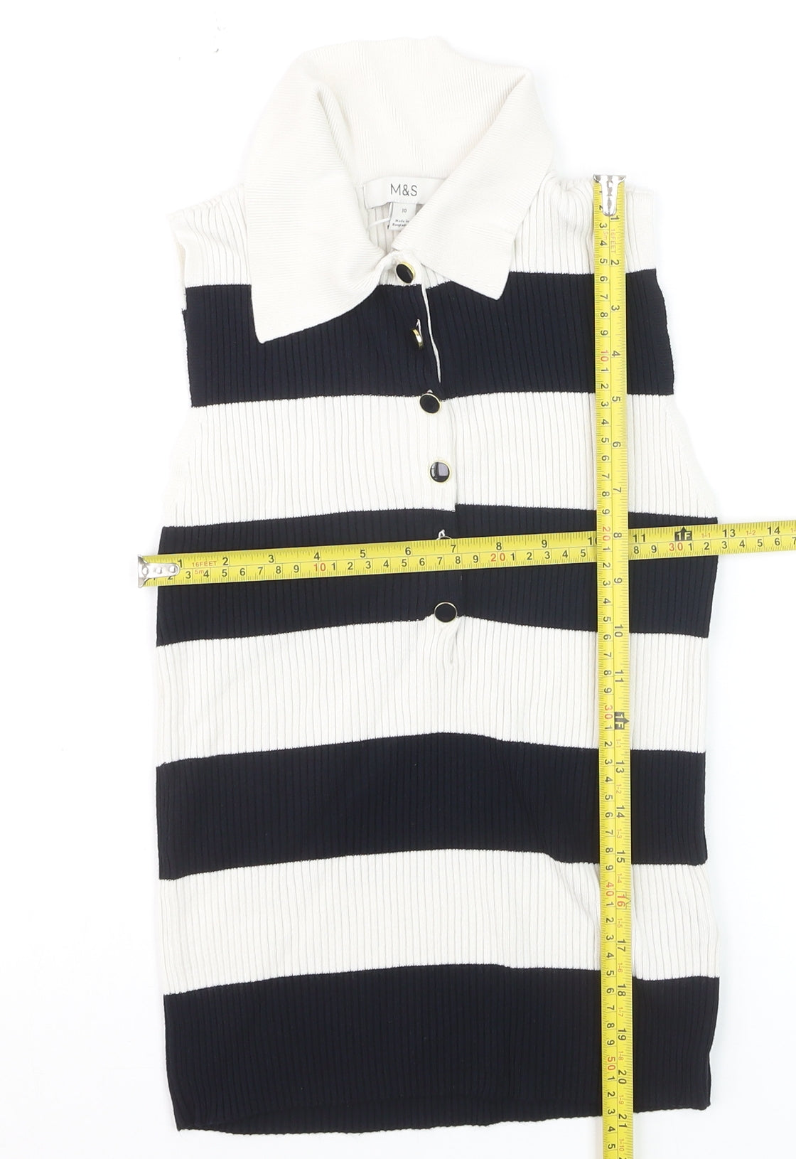 Marks and Spencer Womens Black Stripe Sleeveless Henley Jumper Size 10
