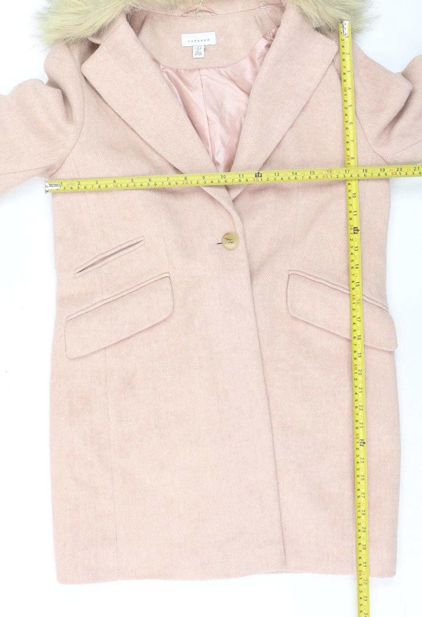 Topshop Women Pink Faux Fur Hooded Mid-Length Wool Blend Coat Size 12