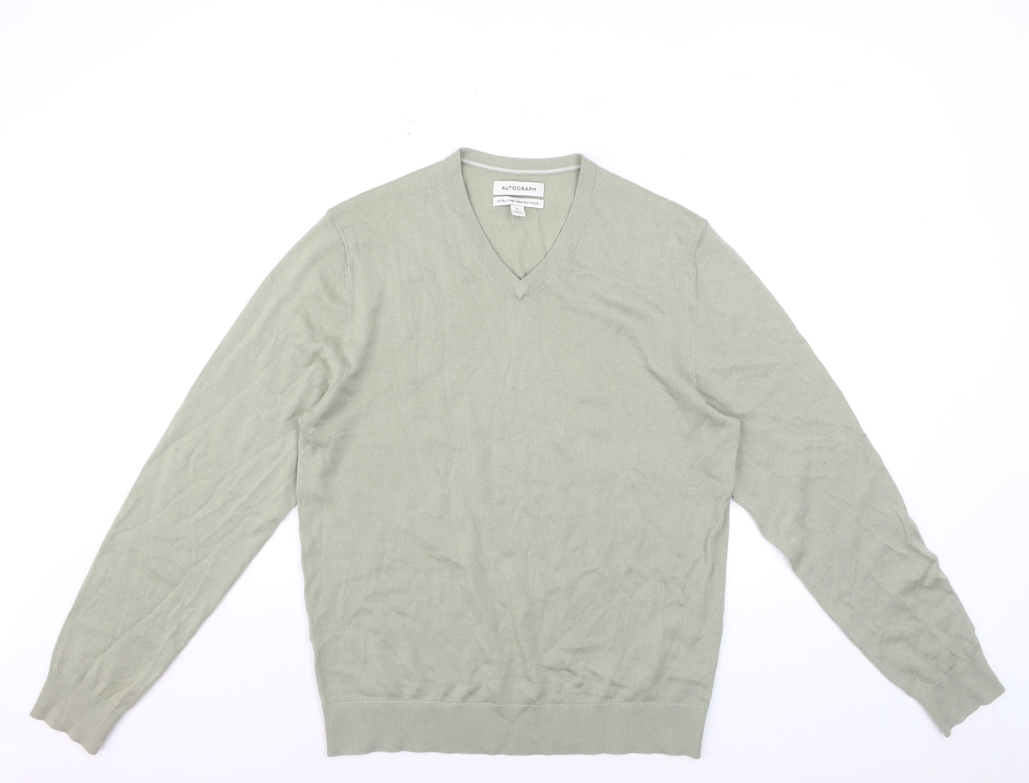 Marks and Spencer Men’s Green Merino Wool V-Neck Jumper M