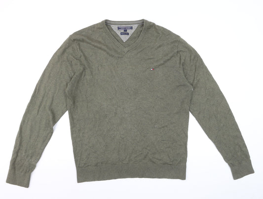 Tommy Hilfiger Men’s Green V-Neck Cotton Cashmere Jumper L
