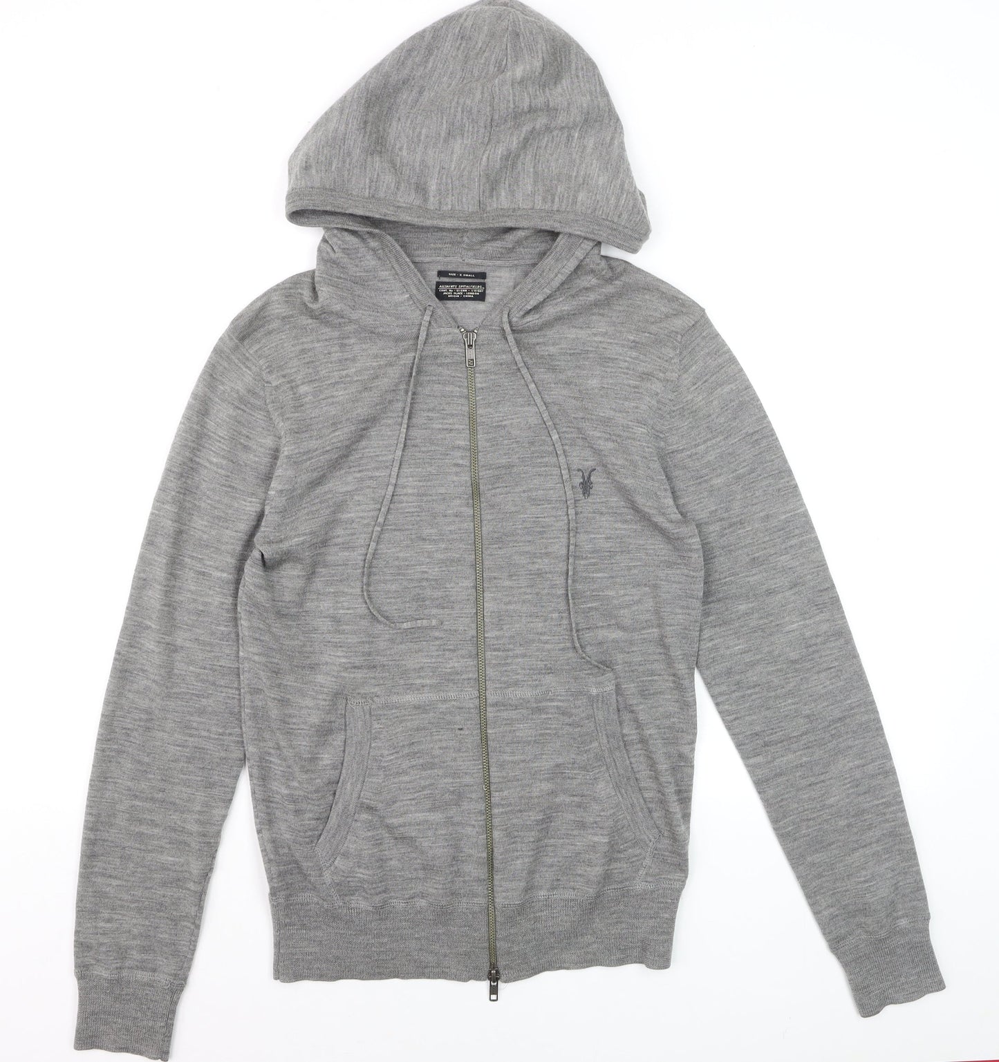 AllSaints Men’s Grey Merino Wool Full Zip Hooded Jumper XS