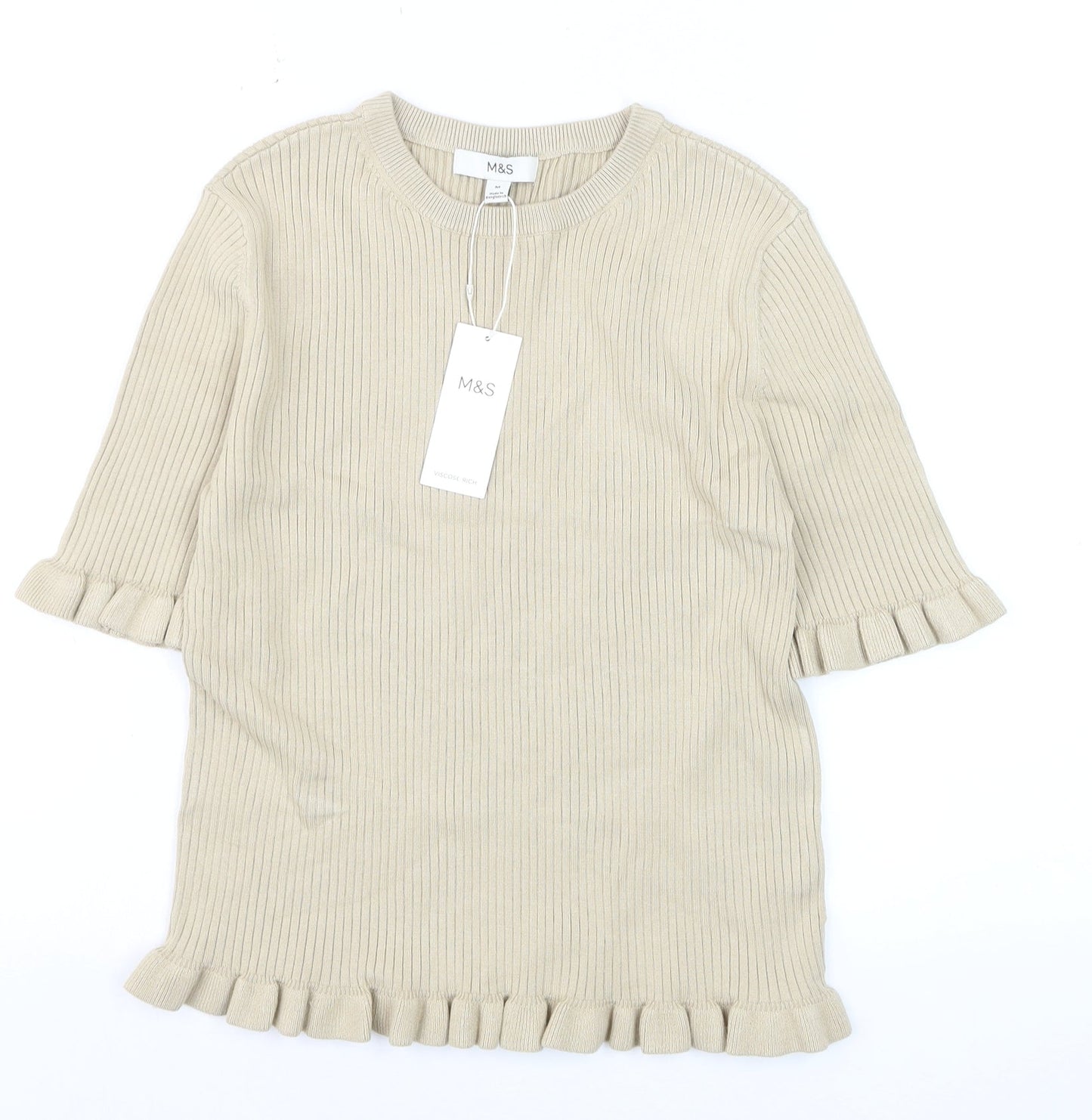 Marks and Spencer Women's Beige Ruffle Trim Short Sleeve Knit Jumper M